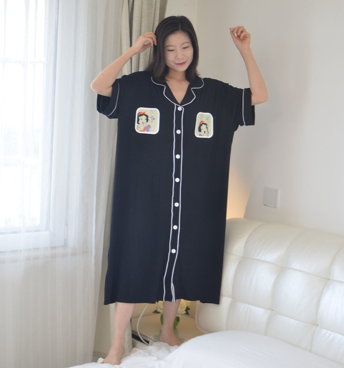 200 Catty Size Princess Sleeping Dress Woman Summer Short Sleeve Lengthened Modale Cardiovert Kfat MM Pregnant Woman Pyjamas