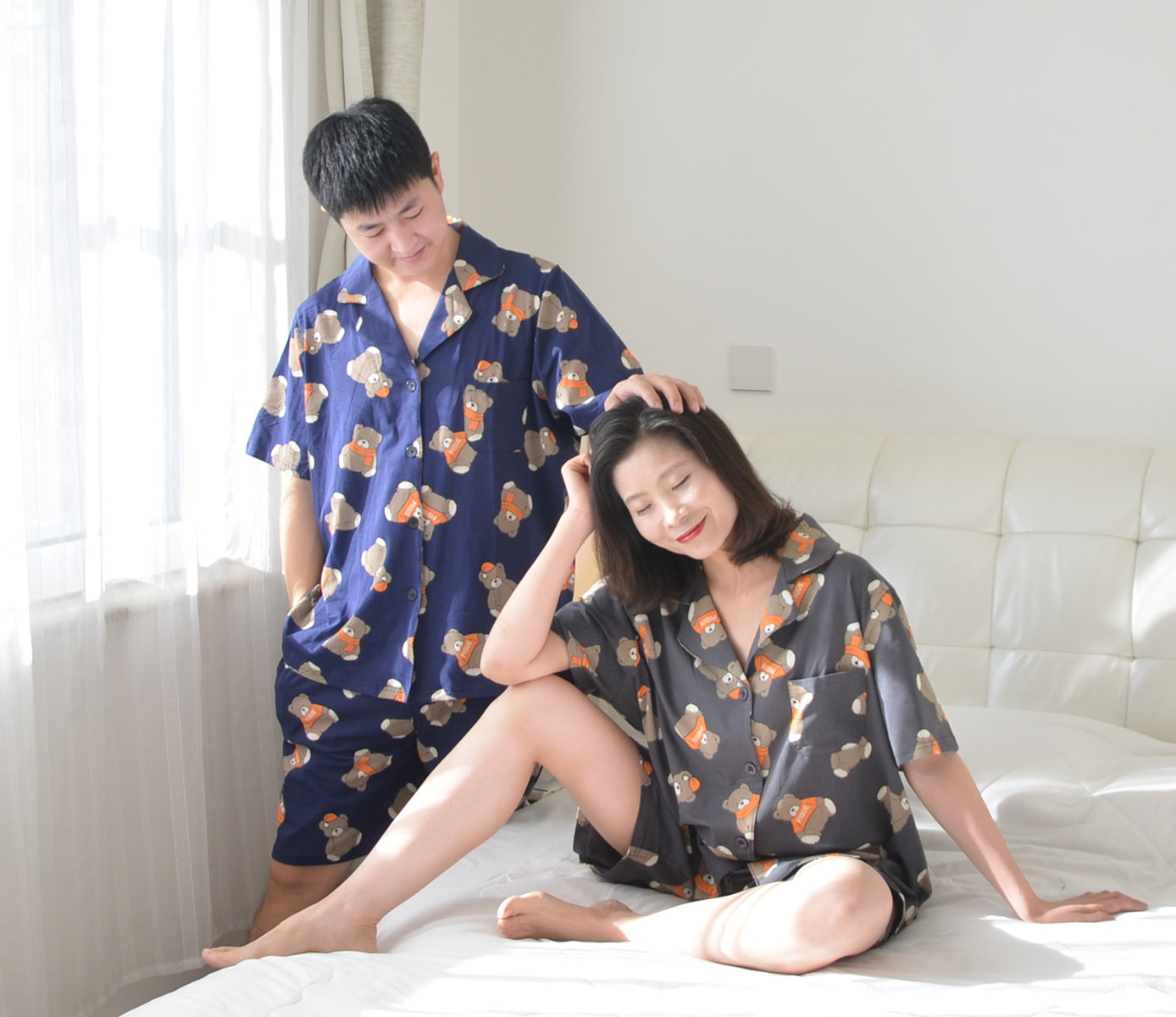 200 catties plus size bear couple pajamas women's summer short-sleeved shorts cotton shirts fat MM men's home clothes