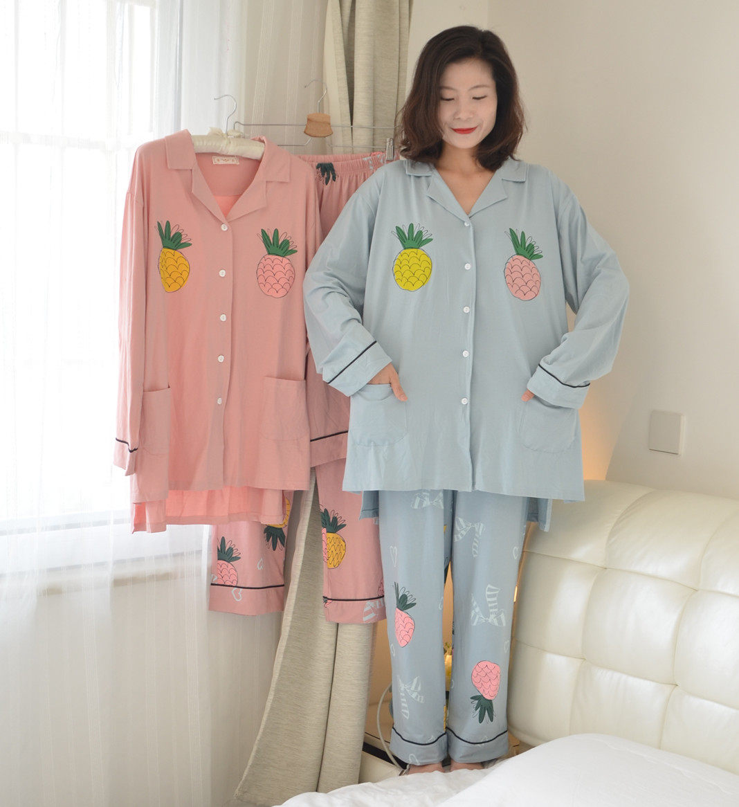 Plus size plus size pineapple cardigan cotton pajamas women's spring and autumn shirts long-sleeved pants fat MM200 jin home clothes