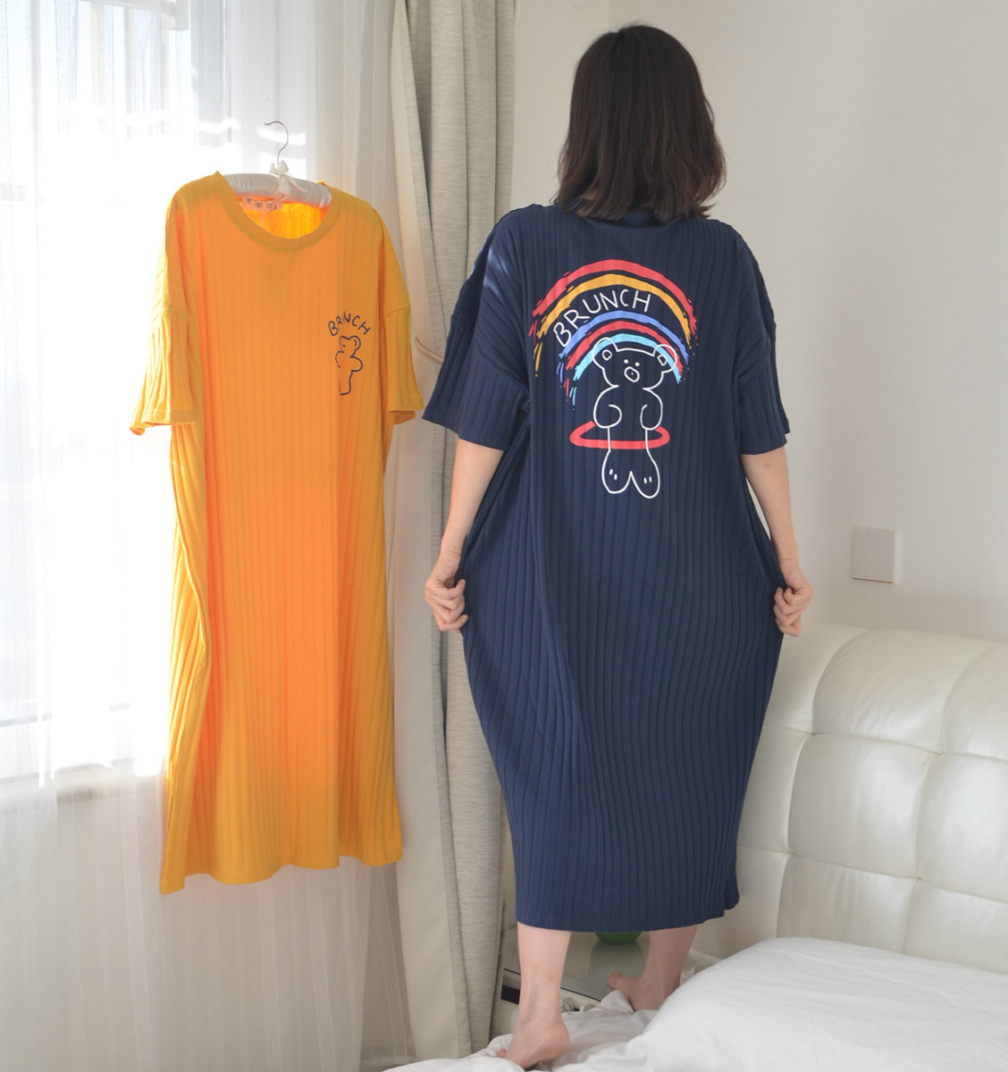 300 catty extra-size Ring Bears ring Bear Sleeping Skirt Woman Summer Short Sleeve Pure Cotton Fat Girl Pregnant Woman Loose long version of home pyjamas