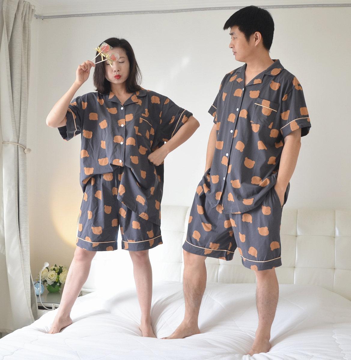 Large size Couple Couple Little Bear Sleeping Clothes for men and women Summer shirts Short Sleeves Shorts Pure Cotton Fats 200 catty Family Clothes