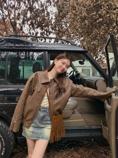 MEME外卖到了川西旅游秋美式咖色皮衣外套夹克老钱风女美拉德穿搭