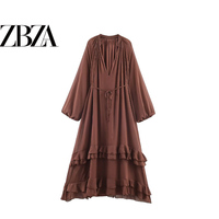 ZR European and American style foreign trade ZA women's clothing French style versatile lace-up V-neck ruffled long-sleeved dress