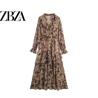 ZR European and American style foreign trade ZA women's clothing French style belted chiffon printed ruffled waist long skirt