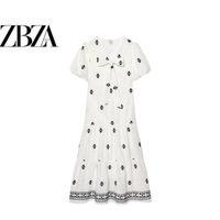 ZR European and American style foreign trade ZA women's clothing fashionable and versatile puff sleeves and bow embroidered mid-length dress