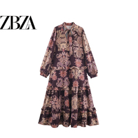 ZR European and American style foreign trade ZA women's clothing laminated decorative bow V-neck loose printed long dress