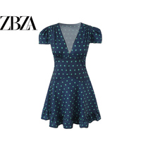 ZR European and American style foreign trade ZA women's clothing fashionable and versatile temperament slim fit embroidered edge printed short-sleeved V-neck dress