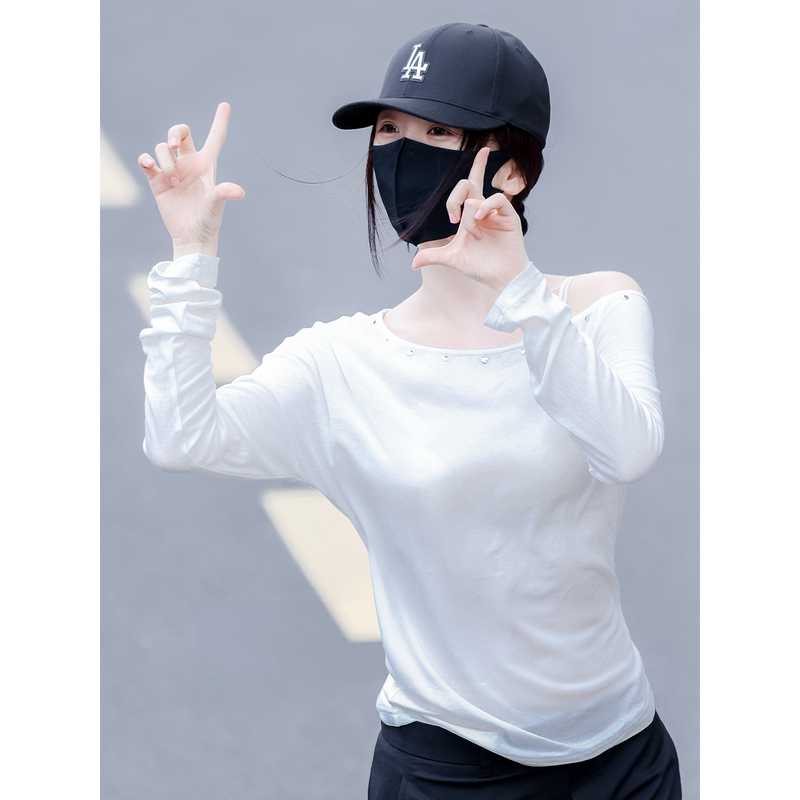 Yu Shuxin's Same Style White Off-Shoulder Long-Sleeve T-Shirt for Women, Studded, Loose, Thin, Sun-Protective Cover-Up Top