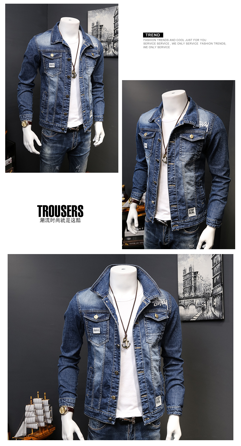 Hồng Kông phong cách nam giới áo khoác denim thêu thư áo khoác Slim retro mùa thu và mùa đông thanh niên ve áo sơ mi dài tay nam áo khoác nam