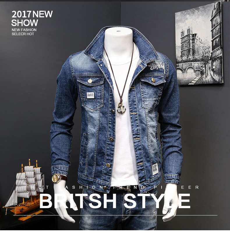 Hồng Kông phong cách nam giới áo khoác denim thêu thư áo khoác Slim retro mùa thu và mùa đông thanh niên ve áo sơ mi dài tay nam áo khoác nam