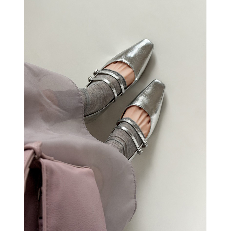 Flower Girl Miu Series Mary Jane Silver Double Buckle French Style Height-Increasing Flat Square-Toe Ballet Shoes for Women
