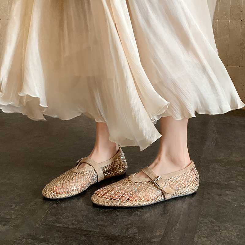 Heavy-Duty Full-Diamond French-Style Milk Tea Apricot-Colored Mesh Shoes, Women's Height-Increasing Ballet Flats, Flat Sandals for Women, Summer Heavy-Duty Full-Diamond French-Style Milk Tea Apricot-Colored Mesh Shoes, Women's Height-Increasing Ballet Flats, Flat Sandals for Women, Summer