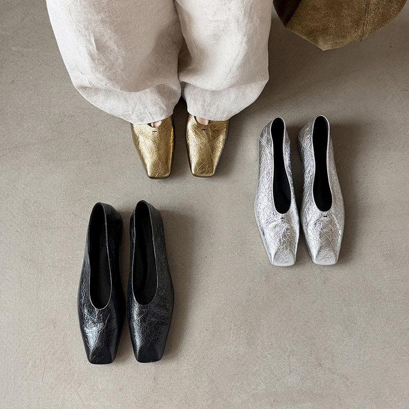 Full Genuine Leather Old Money Style French Retro Square-Toe Gold Square-Toe Versatile Commuter Shoes for Women, Silver Comfortable Flat Shoes Full Genuine Leather Old Money Style French Retro Square-Toe Gold Square-Toe Versatile Commuter Shoes for Women, Silver Comfortable Flat Shoes
