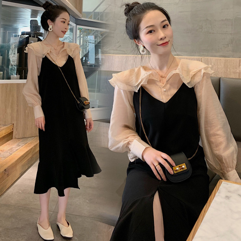 Maternity autumn tops strap skirt foreign atmosphere net red set fashion maternity women's spring autumn dress new style