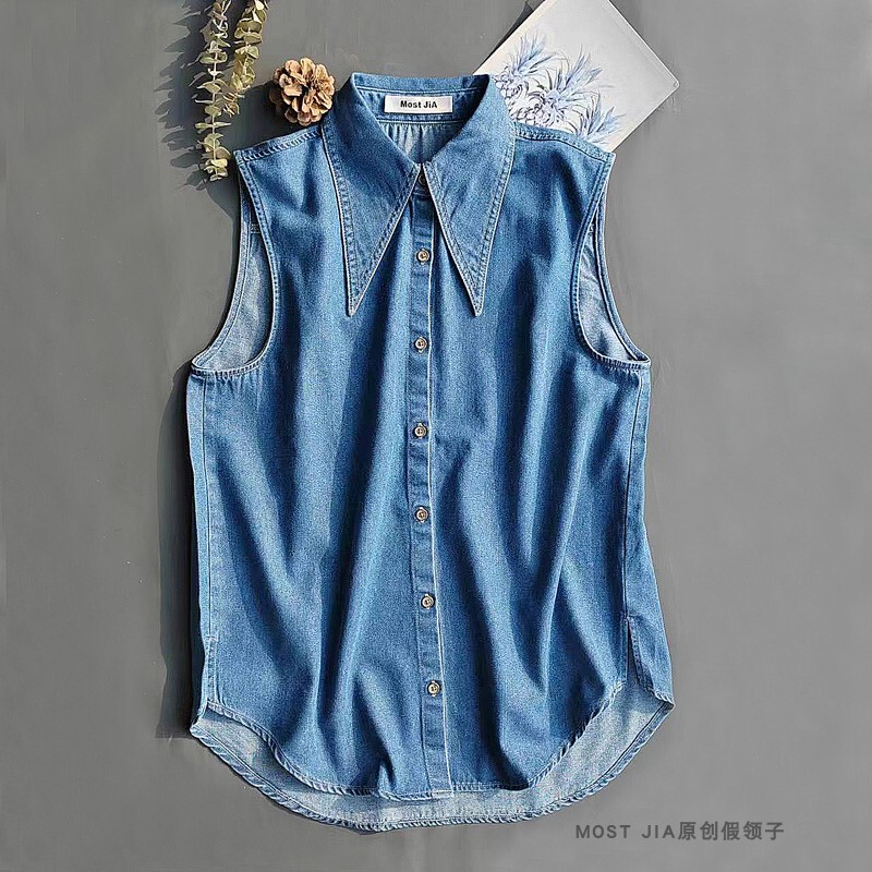High-Weight, Soft and Thick Denim Sleeveless Shirt Vest for Women, Versatile Layering Undershirt