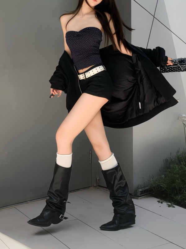 Belt Buckle~Thick-Heeled Boots, Long Boots for Women, European and American Style, High Boots, Pointed Toe, Black Trouser Boots, Trendy