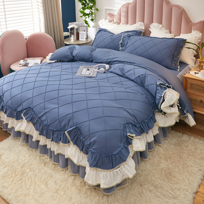 Net Red Ins Lotus Leaf Side Pure Cotton Four Pieces Bed Skirt Princess Wind Bed Hood Quilt Cover Full Cotton Bed Bedding Autumn winter 4