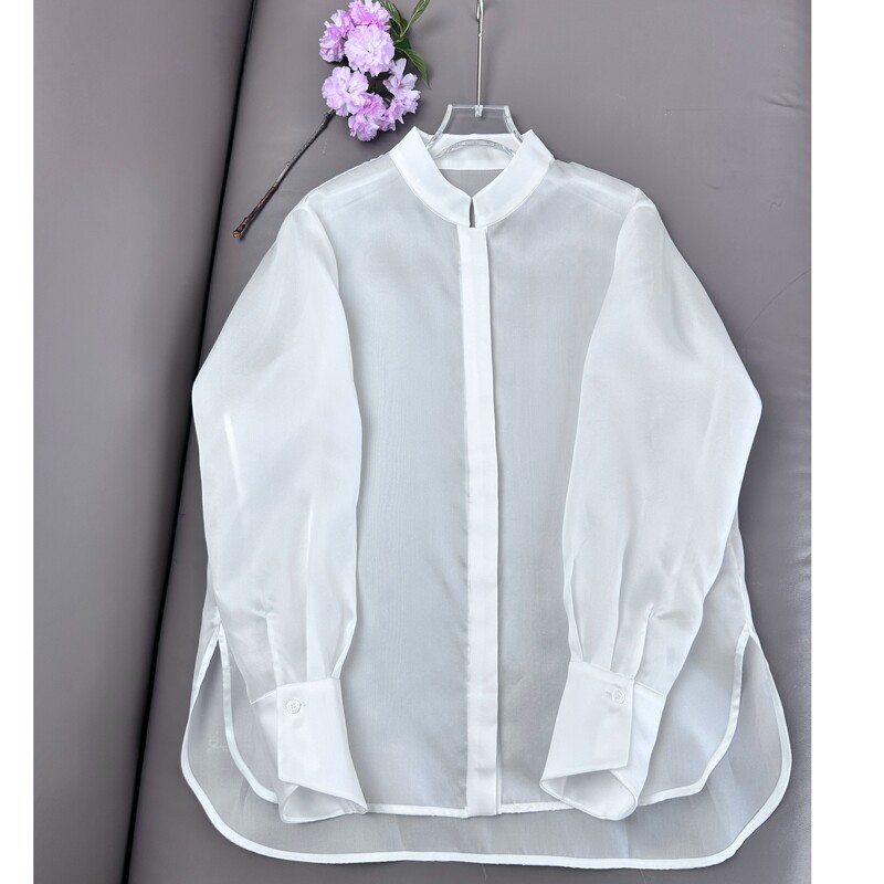 White Tea Silk Shirt with a New Chinese-Style Stand Collar, Airy and Lightweight, Fairy-Like, See-Through, Fashionable, Versatile, Skin-Friendly Blouse