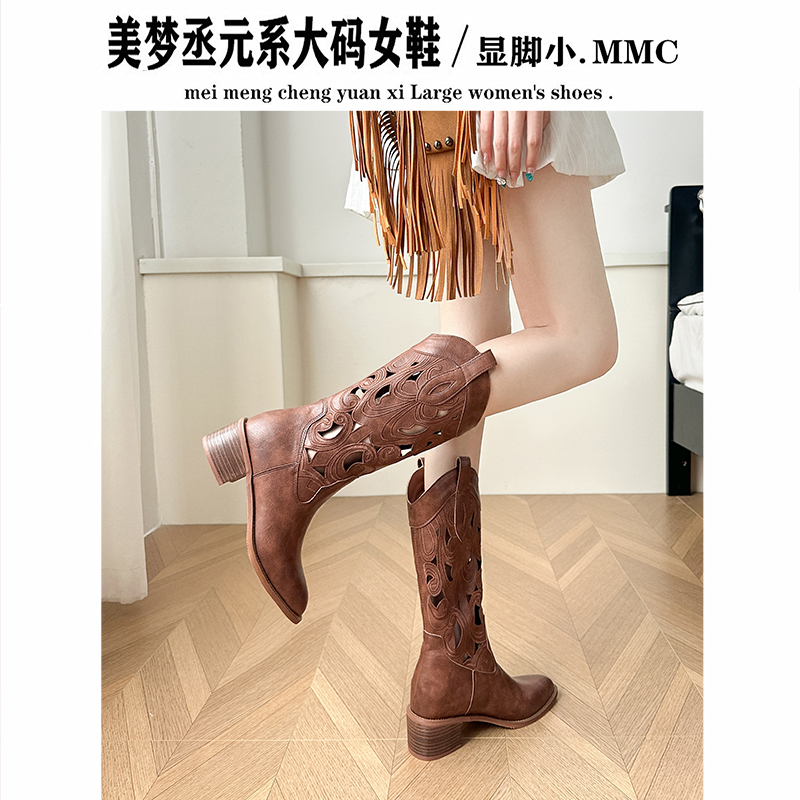Maillard Brown Long Boots with Hollow Design, Summer Xinjiang Travel Boots, Wide Calf, Thick Legs, Western Cowboy Boots, Large Size 41 Maillard Brown Long Boots with Hollow Design, Summer Xinjiang Travel Boots, Wide Calf, Thick Legs, Western Cowboy Boots, Large Size 41