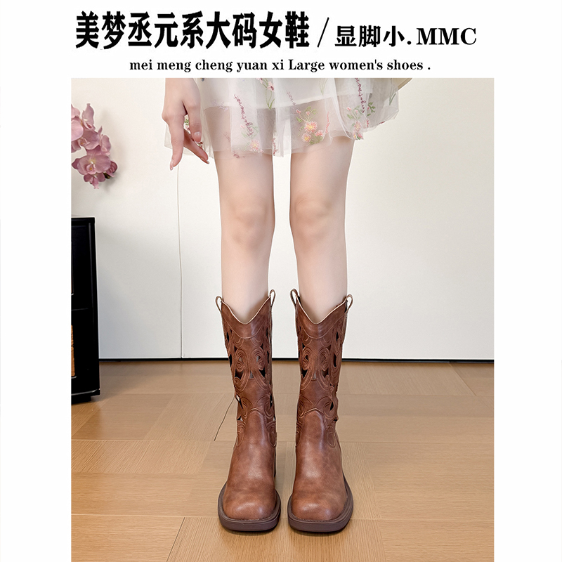 Plus-Size Women's Wide Calf Hollow Embroidered Western Cowboy Boots for Summer, Vintage Riding Boots for Wide Feet, Large Size Shoes Plus-Size Women's Wide Calf Hollow Embroidered Western Cowboy Boots for Summer, Vintage Riding Boots for Wide Feet, Large Size Shoes