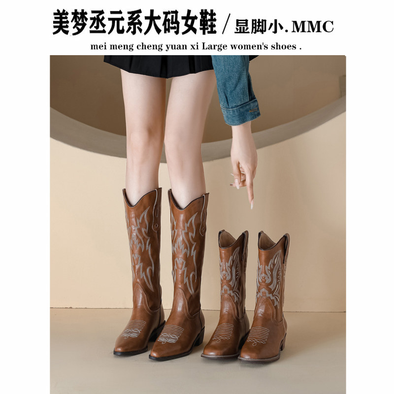 Brown Pointed-Toe Knight Boots, Vintage Embroidered Western Cowboy Boots for Women, Chunky Heel, V-Cut, Wide Calf, Long Boots, Size 41 Brown Pointed-Toe Knight Boots, Vintage Embroidered Western Cowboy Boots for Women, Chunky Heel, V-Cut, Wide Calf, Long Boots, Size 41