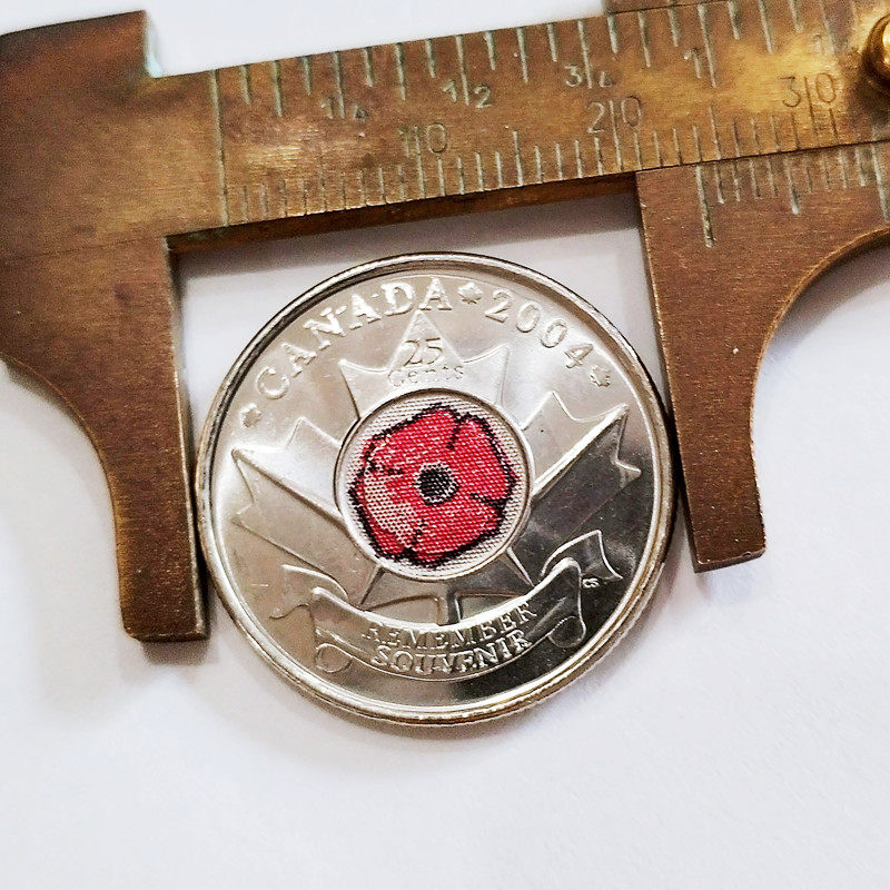 Foreign coin winning coin Canada 25 cents color coin poppy flower 2004 physical map B American real foreign currency
