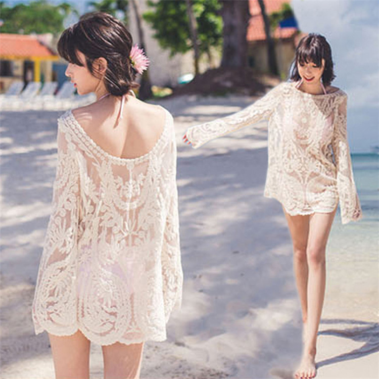 Bikini Shirt Woman Summer Sea Swimsuit Cover Hollow Lace Mid-long Edition with Beach Sun Protection Clothes