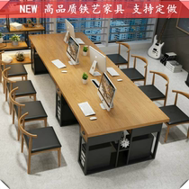 Office iron solid wood desk company Simple with drawer staff to negotiate conference table commercial long table and chair