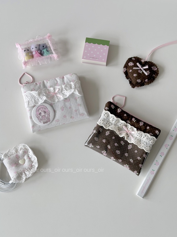 Ours_Oir｜Little Rose Lace Polka Dot Vintage-Style Handmade Zipper Card Holder Coin Purse with Multiple Compartments, Cute