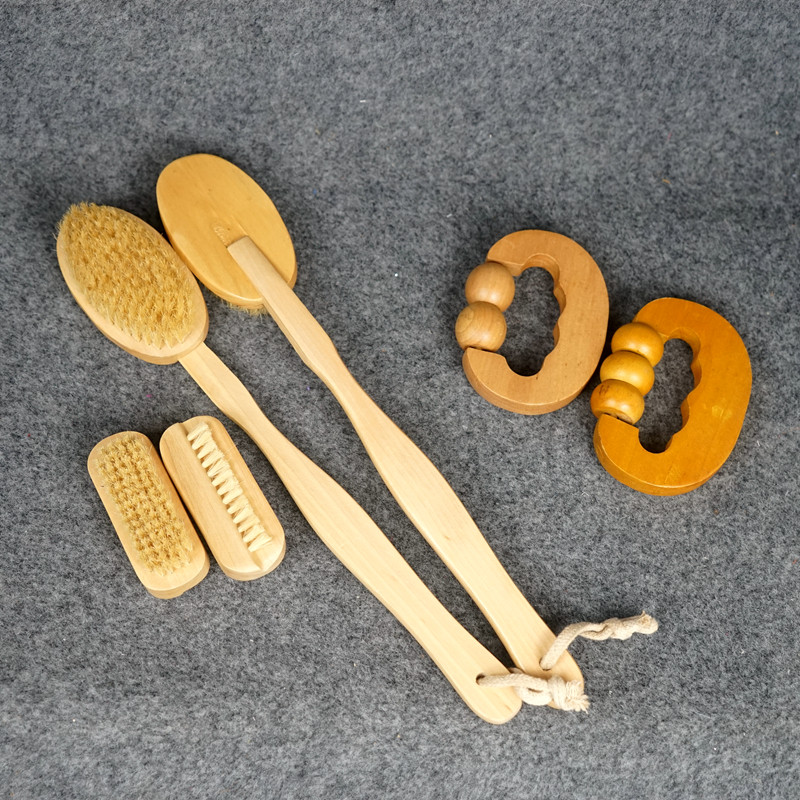 Solid wood bristle rub bath artifact Bath nail brush Long handle bath brush Bristle soft brush Ball massager