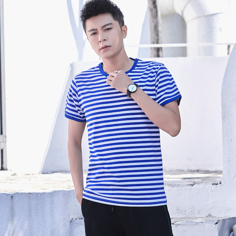 Summer Genuine Sailor Shirt Men's Short-Sleeved T-Shirt Sailor Uniform Round Neck Pure Cotton Blue and White Horizontal Stripes Loose Half-Sleeved T-Shirt