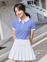 Summer lapel sea soul shirt womens cotton short-sleeved t-shirt blue and white horizontal stripe half sleeve Navy Feng Shui hand polo shirt