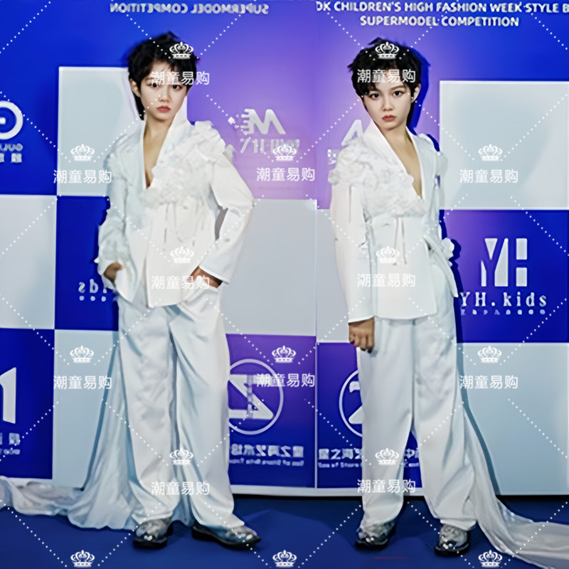 Boys' Runway Fashion Show Model Competition White Suit Theme Creative Personalized Performance Costume Children's Art Photography