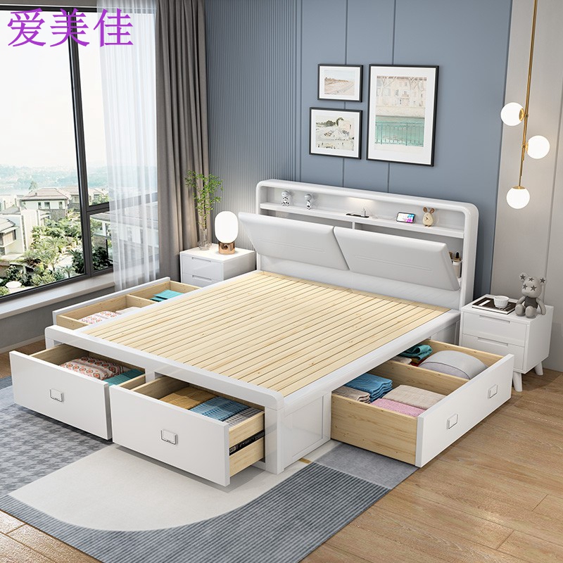 White Solid Wood Bed with High Box Drawers for Storage, Master Bedroom Double Bed 1.35m, Modern Minimalist Air Pressure Storage