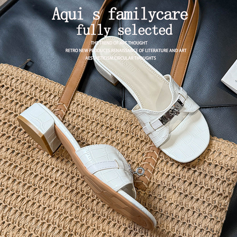 Crocodile Pattern~ White Slip-On Sandals for Women, Summer Outdoor Fashion 2026 New Open-Toe Chunky Heel Beach Sandals Crocodile Pattern~ White Slip-On Sandals for Women, Summer Outdoor Fashion 2026 New Open-Toe Chunky Heel Beach Sandals