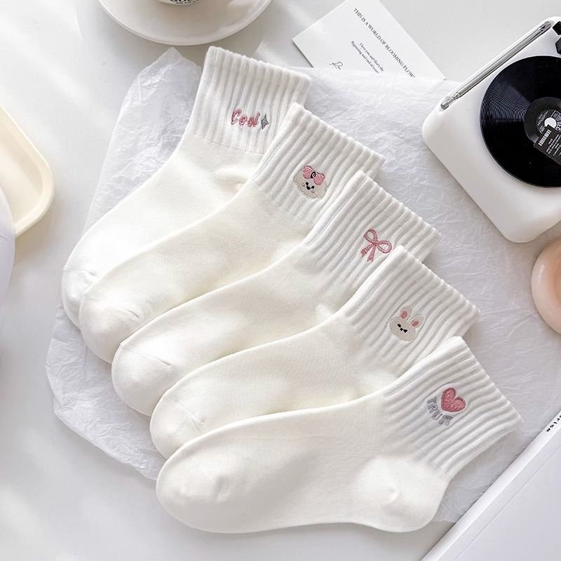 Children's Socks Spring and Autumn Cartoon Rabbit Girls Versatile Mid-Calf Socks Spring and Summer Sports Cotton Socks Student White Socks