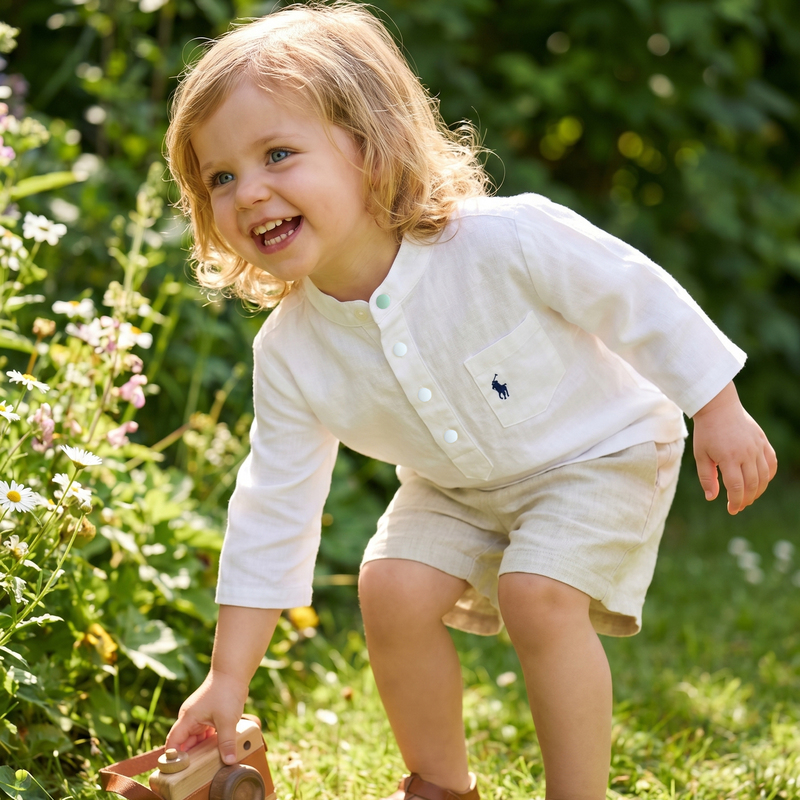Spring and Autumn Children's Clothing Linen Three-Quarter Sleeve Shirt New Sun-Protective Solid Color Old Money Style Children's Casual Jacket Shorts