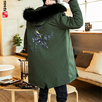 Mens Chinese style winter Unicorn embroidery medium-long thickened padded jacket jacket male plus fat large size wool collar cotton coat male