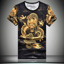 Ice silk cotton short sleeve Chinese style domineering python robe Printed T-shirt mens fat plus size half sleeve tide summer dragon robe