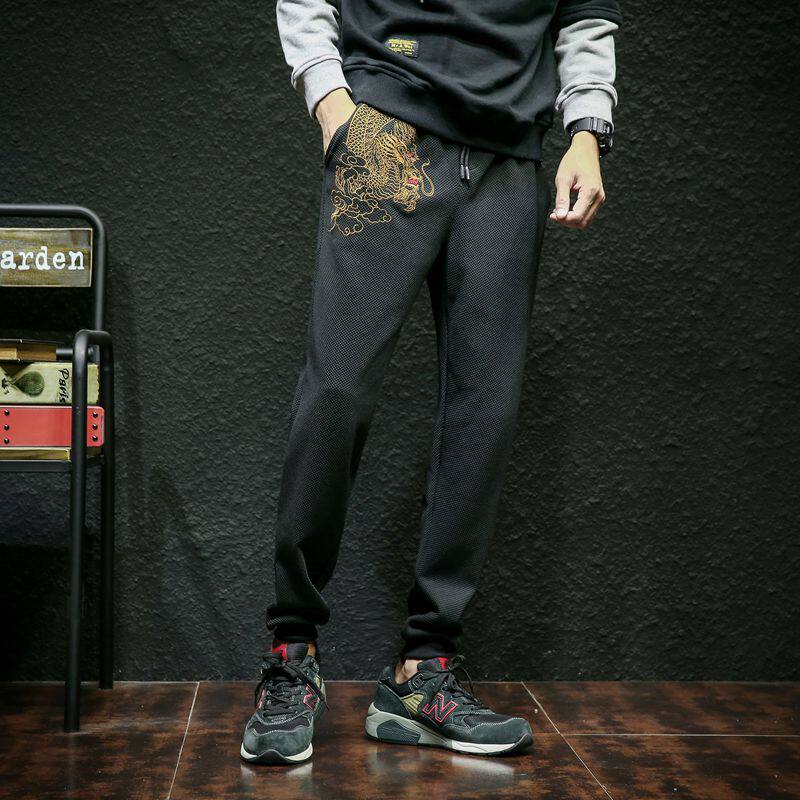 Chinese wind dragon embroidered casual pants men dressed pipe pants mens plus a large-coded beam foot trousers sports Halen pants