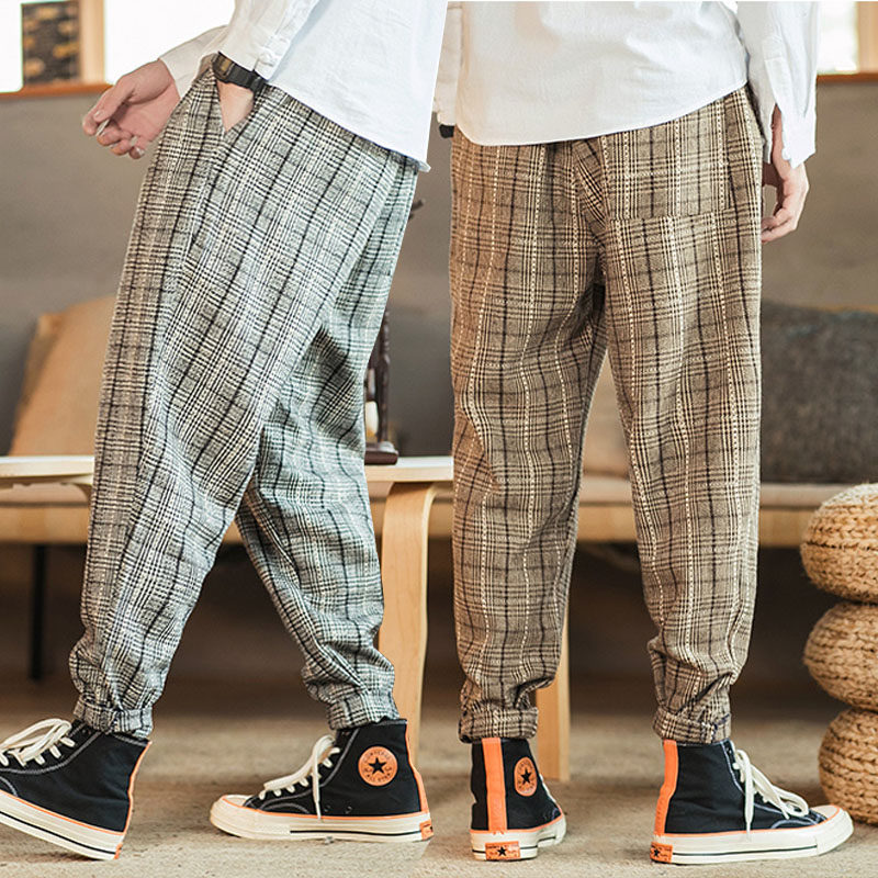 Men's grid casual pants spring autumn easy Harun pants large size Sizes Overweight People Broadlegged Robe Pants Big Crotch Sweatpants