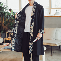 Chinese style mens cloak jacket medium long autumn fat plus size cardigan loose print long shirt