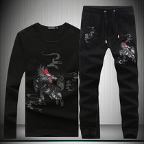 Autumn mens Chinese style mens Unicorn embroidery long-sleeved T-shirt mens trousers two-piece set casual sports suit tide