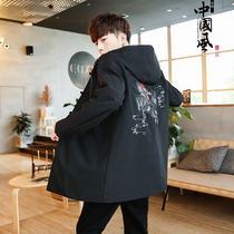 Trendy mens jacket Chinese style embroidery Kirin medium-long hooded trench coat 2021 new plus size jacket mens clothing