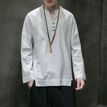 Chinese wind disc buckle cotton linen collar Long sleeves Compassionate Tangled Men Youth Tide Comeback Ancient Chinese T-Shirt Autumn Jersey