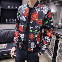 Japanese Tide mens baseball uniform fat loose fat plus size Korean rose print jacket jacket autumn