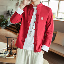 Autumn National style shirt mens Hanfu trend loose Chinese style shirt long sleeve red linen cotton clothes
