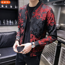 Spring red patterned jacket for body handsome and casual jacket big code mens bottletide Han version Crushed Floral Collar Baseball Suit