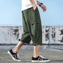 Summer linen casual shorts mens trend plus fat plus size Chinese style pants mens loose wide leg Capri pants