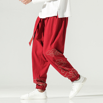 Spring and summer casual trousers mens Chinese style auspicious cloud embroidery plus fat plus size loose Tide mens wide legs hallain pants